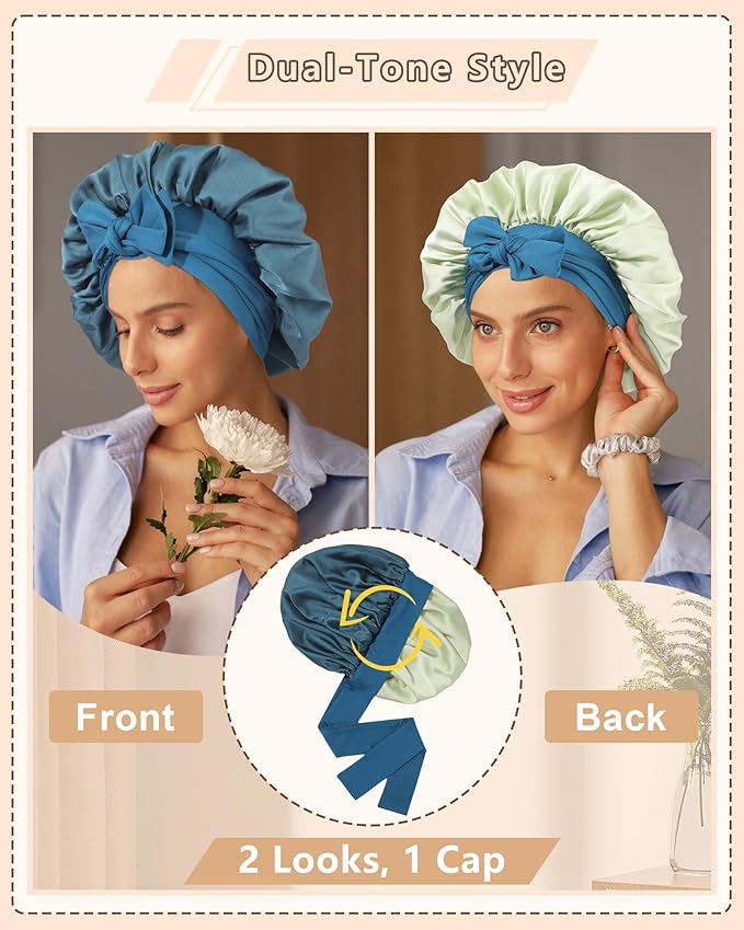 AWAYTR Women Satin Bonnet for Sleeping - Double Layer Silk Hair Bonnet with Elastic Tie Band for Braids Curly Hair