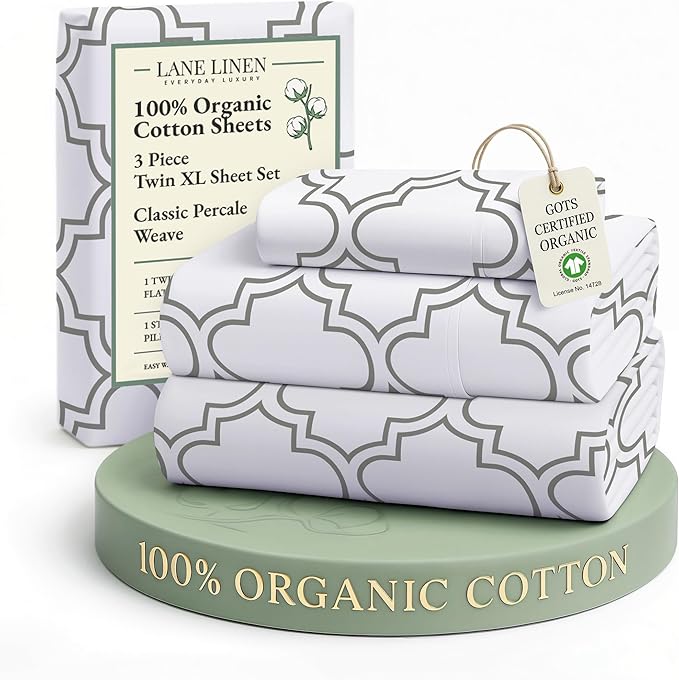 LANE LINEN 100% Organic Cotton Twin XL Sheet Set, Low Pilling Printed Fade Resistant Machine Washable Extra Long Twin Bedding Set, Soft & Comfy Printed Cotton Sheets - Trellis