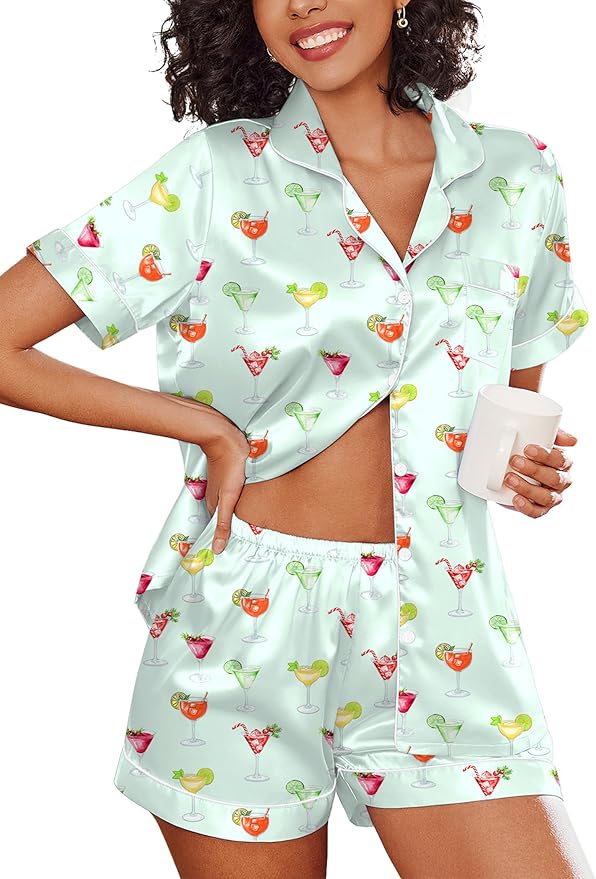 Ekouaer Women's Silk Satin Pajama Set Short Sleeve Pjs Shorts Set Comfy Button Down 2 Piece Sleepwear Loungewear