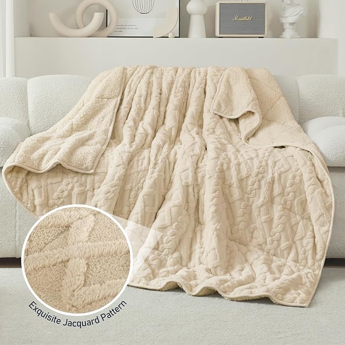 Wemore Weighted Blanket for Adults Twin Size 15 lbs, Dual Sided Soft Fuzzy Jacquard Sherpa Weighted Blankets for Sleeping, Cozy Fluffy Knitted Heavy Blanket for Couch Bed, Khaki, 60 x 80 inches