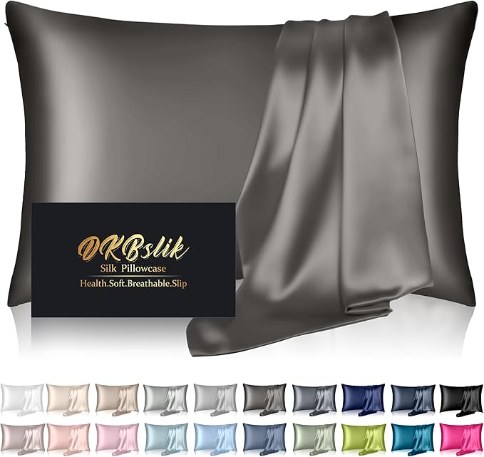 Silk Pillowcase for Hair and Skin, Mulberry Silk Pillow Cases Standard Size, Anti Acne Cooling Sleep Both Sides Natural Silk Satin Pillow Covers with Hidden Zipper, Gifts for Women Men, Dark Gray
