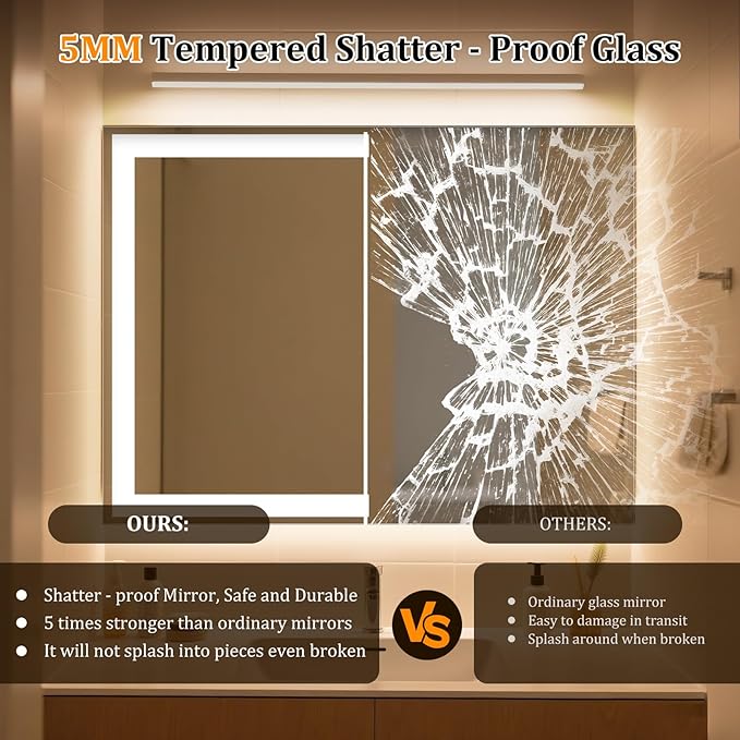 24"x32" LED Bathroom Mirror with Lights, Front & Backlit, 3 Colors Dimmable Lighted Bathroom Vanity Mirror, Anti-Fog, Memory Function, Shatter-Proof Tempered Glass