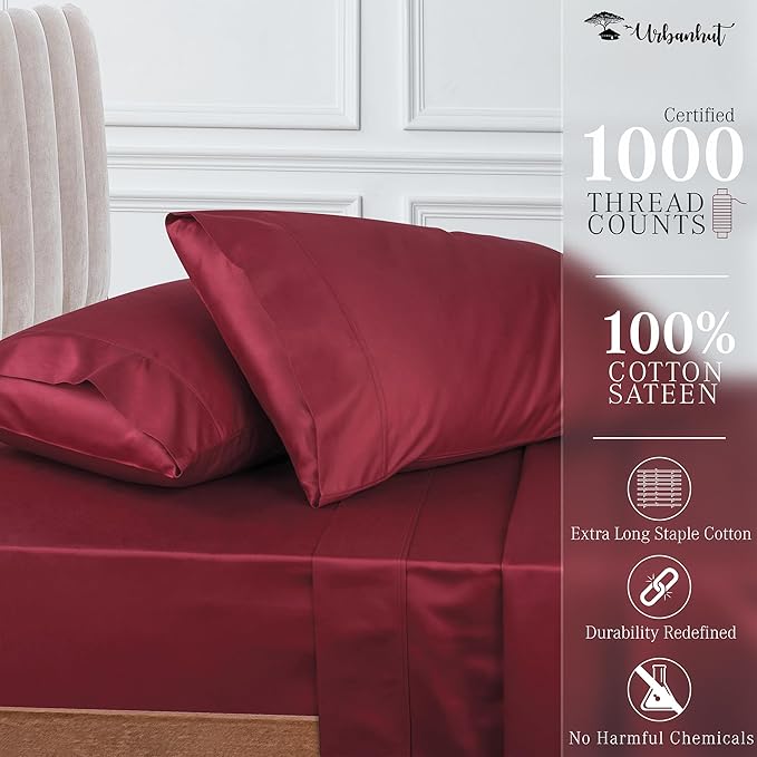 URBANHUT 1000 Thread Count Twin Bed Sheets Egyptian Cotton Sheet Set, Long Staple Soft & Breathable, 3 Pc Bed Sheet Sets, Luxury Hotel Sateen Sheets Fits 16" Deep Pocket - Burgundy