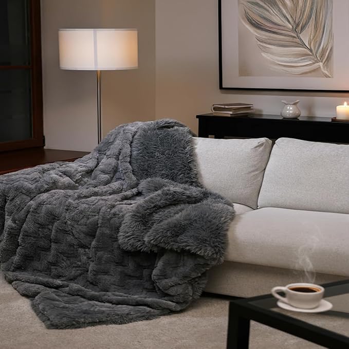 Mon Chateau 60" x 70" Crest Faux Fur Throw, Plush Luxury Blanket for Couch, Sofa, or Bed, Soft Reversible Throw Blanket for Sleeping, Home & Room Decor, Fog Stone
