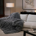 Mon Chateau 60" x 70" Crest Faux Fur Throw, Plush Luxury Blanket for Couch, Sofa, or Bed, Soft Reversible Throw Blanket for Sleeping, Home & Room Decor, Fog Stone