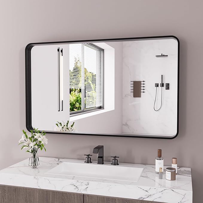 Black Bathroom Mirror 77X36 Inch, Black Metal Framed Mirror for Wall, Rounded Rectangle Matte Bathroom Vanity Mirror with Tempered Glass, Anti-Rust, Horizontal/Vertical