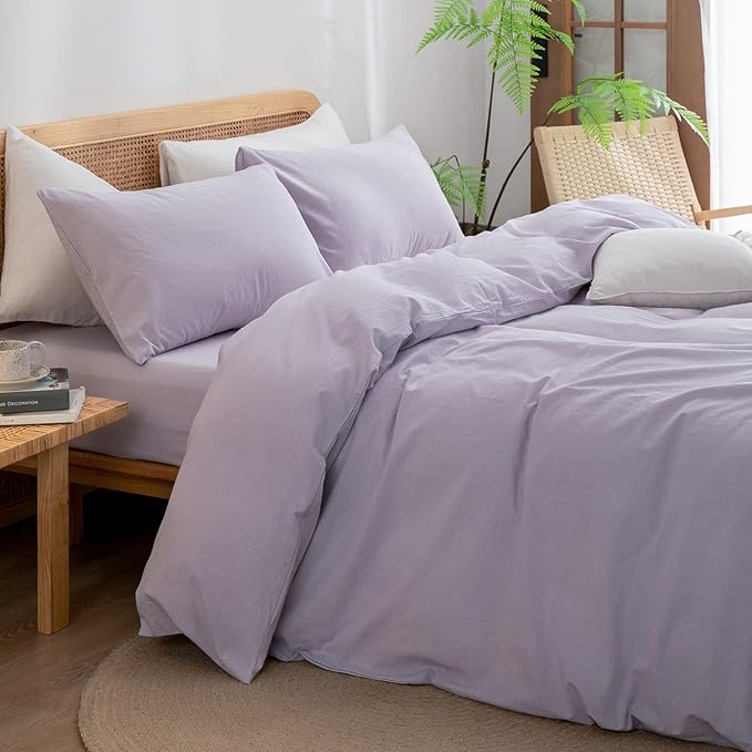 BESTOUCH Duvet Cover Set 100% Washed Cotton Linen Feel Super Soft Comfortable Chic Lightweight 3 PCs Home Bedding Set Solid Taro Purple King