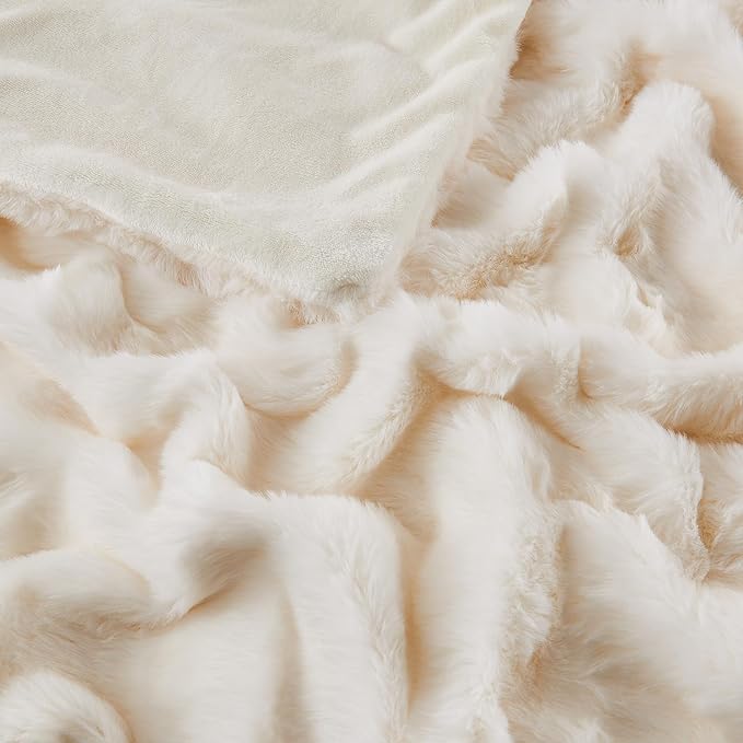 Fluffy Blanket for Couch Soft Luxury Faux Rabbit Fur Throw Cozy Fuzzy Plush Bubble Blanket Thick Warm Decorative Throw for Bed, Sofa (Queen Size 90''x90'', Cream White)