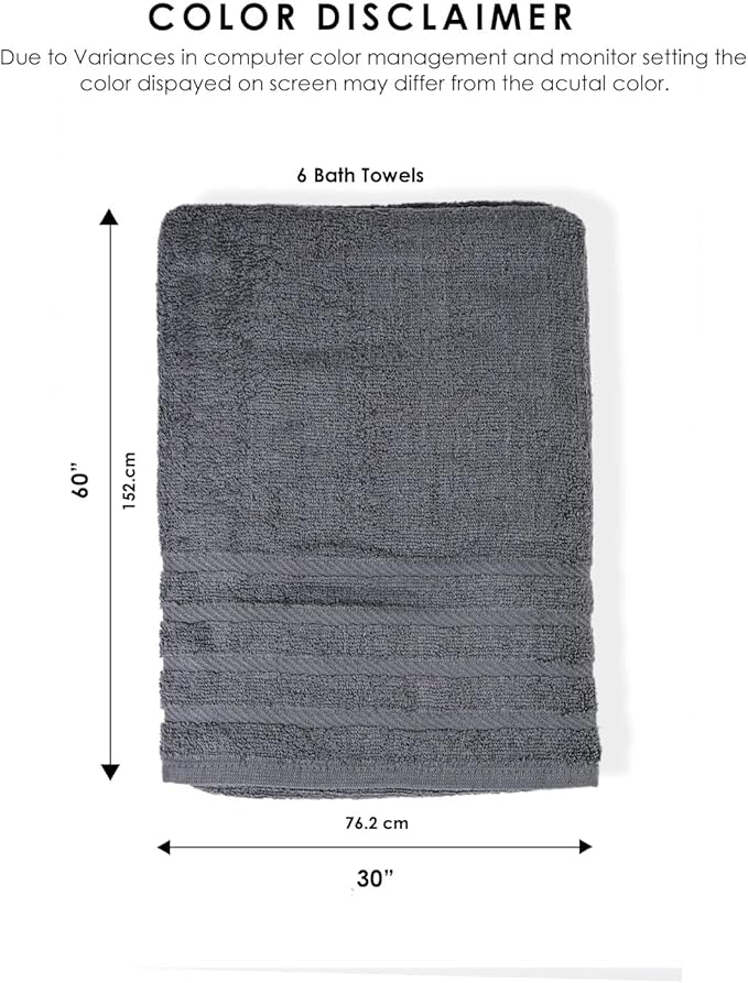 TOALLA_ Bath Towels_30x60_Pk 6_Dark Grey Bath Towels (6-Pack, 30W X 60 L Inches) Dark Grey Color- Cotton Towel for Gym, Bath, Spa, Shaving, Shampoo, for Daily use, Large