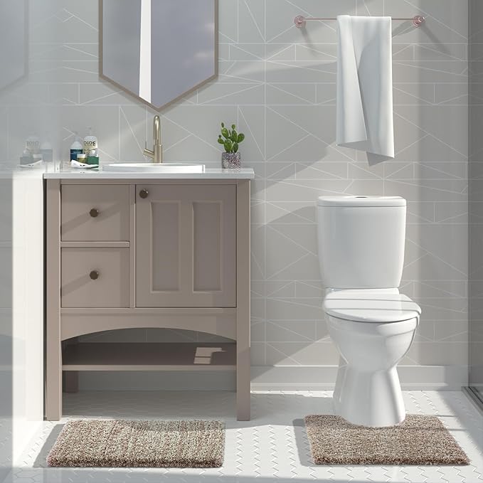 Yimobra Bathroom Rugs Non Slip Washable, Ultra Soft and Water Absorbent Bath Mats, Plush Fluffy Shower Mat Outside, Microfiber Thick Matts for Bathroom Floor/Sink, 24x17, Light Brown and White