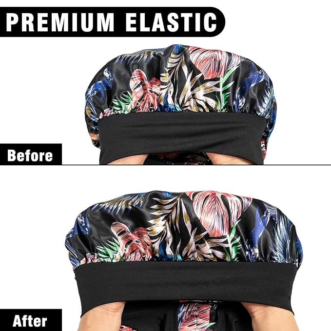 3Pcs Bonnets for Black Women Braid Bonnet, Large Long Satin Bonnet for Braids, Black Women Satin Silk Bonnet with Stretchy Tie Band Sleep Bonnet Cap for Long Curly Hair (Black & Black Pattern & Pink)
