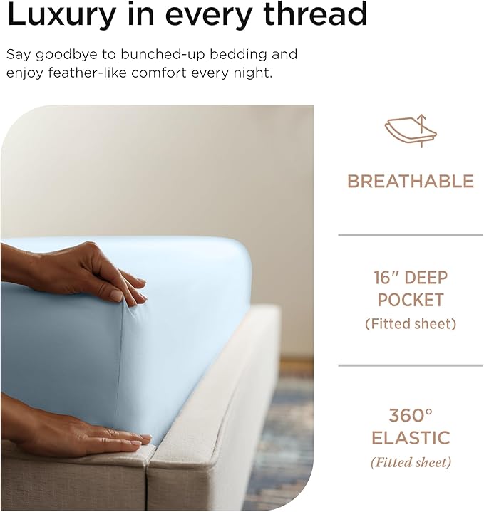 Threadmill 100% Cotton Sheets for Queen Size Bed - 600 Thread Count Queen Bed Sheets Set with 16” Deep Pocket - Sateen Weave 4-Piece Bedding Set with Cooling Effect, Blue