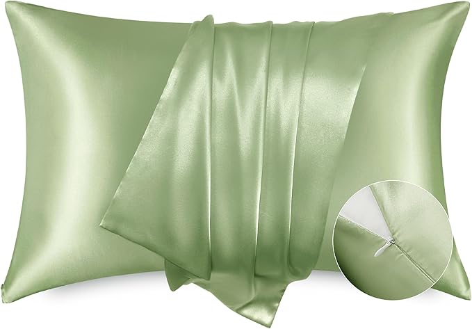 Bedsure Satin Pillowcase with Zipper, Similar to Silk Pillow Cases 2 Pack, Satin Pillow Cases Queen, Silky & Soft Bedding Pillow Covers for Hair & Skin, Gifts for Women Men, Sage Green, 20x30 Inches
