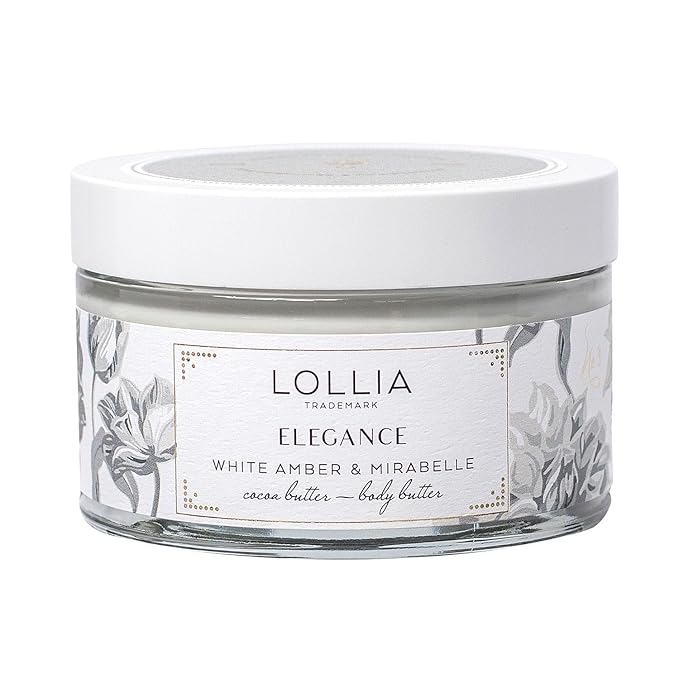 LOLLIA Elegance Body Butter, 5.5 oz. – White Amber & Mirabelle - Shea Butter & Cocoa Butter, Body Lotion for Women, Hydrating & Smooth Body Moisturizer