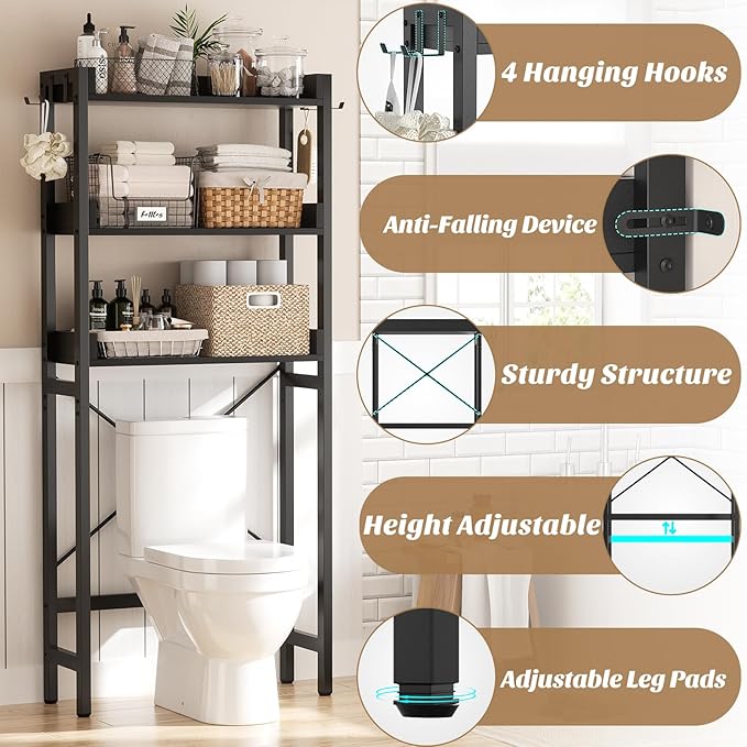 Ecoprsio Over-The-Toilet Storage Rack, 3-Tier Bathroom Organizer Shelf Over Toilet, Freestanding Space Saver Toilet Stands with 4 Hooks, Black
