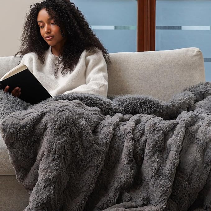 Mon Chateau 60" x 70" Crest Faux Fur Throw, Plush Luxury Blanket for Couch, Sofa, or Bed, Soft Reversible Throw Blanket for Sleeping, Home & Room Decor, Fog Stone