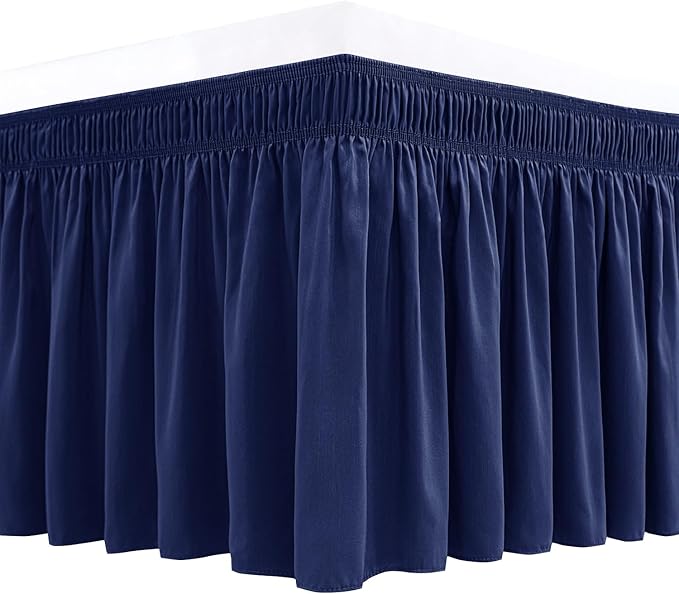 Biscaynebay Wrap Around Bed Skirts for King & Cal King Beds 11" Short Drop, Navy Adjustable Elastic Dust Ruffles Easy Fit Wrinkle Resistant Silky Luxurious Fabric Machine Washable