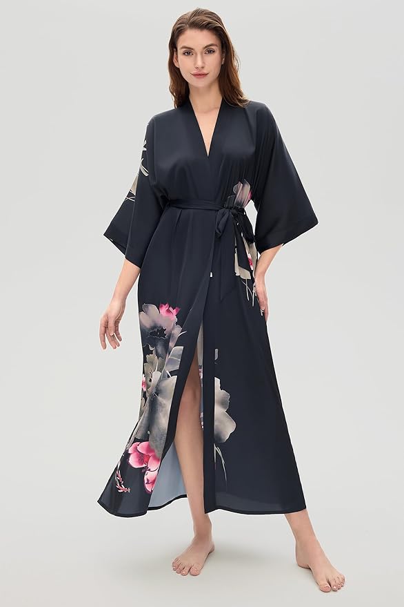 PRODESIGN Kimono Robe for Women - Long Satin Sleepwear Silky Kimono Cover-Up Nightgown Japanese Bathrobe Loungewear Blouse