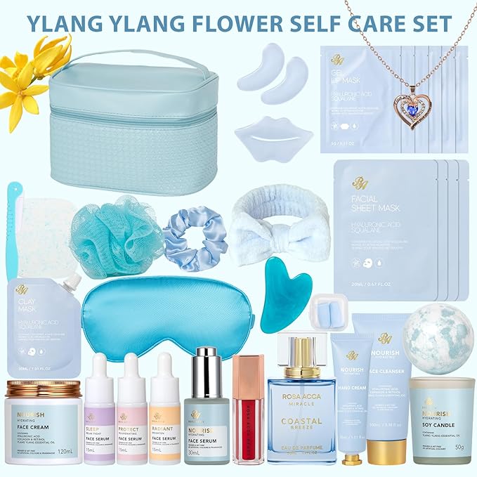 Christmas Gifts for Women, 33 Pcs Bath & Body Spa Gift Set, Face Sheet Mask Skin Care Kit, Ylang Essential Oil Collagen Gel Mask, Leather Bag, Lip Gloss, Face Serum, Skin Cleanser, Mother Day,Birthday