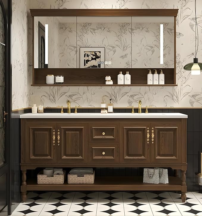 56" Double Bathroom Vanity with Sink,Freestanding Bathroom Vanity Large Storage Cabinet & Open Mirror Cabinet,4 Soft Closing Doors and 2 Drawers Solid Wood Luxury Bathroom Vanities Set,Brown