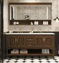 64" Double Bathroom Vanity with Sink,Freestanding Bathroom Vanity Large Storage Cabinet & Open Mirror Cabinet,4 Soft Closing Doors and 2 Drawers Solid Wood Luxury Bathroom Vanities Set,Brown