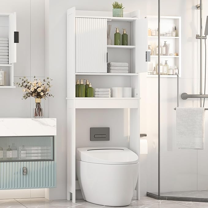 Bathroom Over The Toilet Storage Cabinet,Farmhouse Over The Toilet Storage with 2 Wave-Pattern Doors and Open Storage Shelf,Space Saver Behind Toilet Bathroom Organizer for Restroom/Laundry