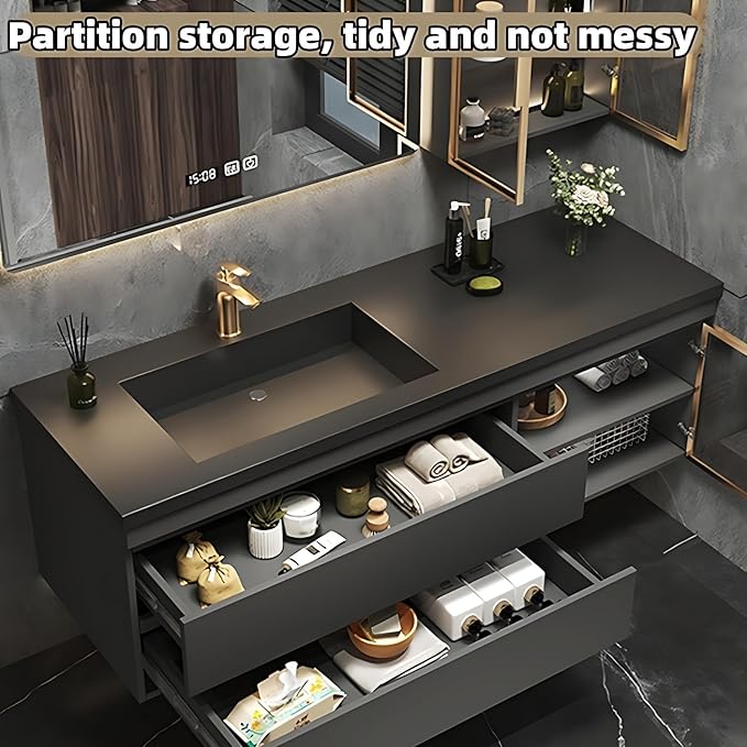 Bathroom Vanity with Sink - Luxury Bathroom Vanities, Floating Vanity with Smart Defogging Mirror, Multi-Layer Solid Wood Material - Complete Accessories (84")