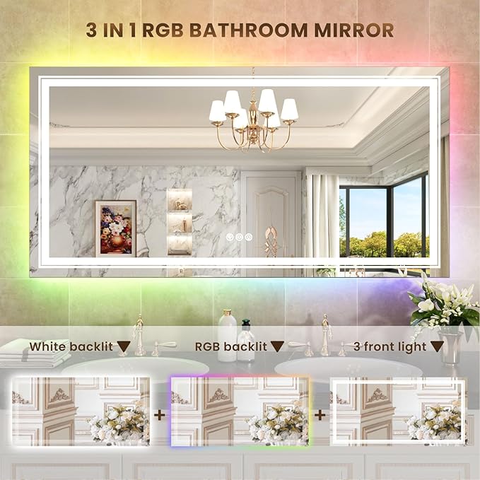 WTTY RGB LED Mirror for Bathroom,72"x32" Large LED Bathroom Mirror with Backlit and Front Light,Stepless Dimmable,Anti-Fog,Lighted Bathroom Vanity Mirror for Wall,Shatterproof,Memory Function