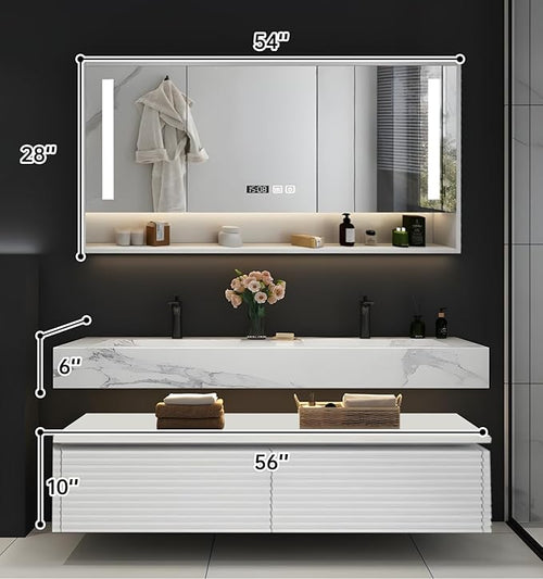 56IN Bathroom Vanity with Double Sink, Modern Bathroom Vanity with LED Smart Defogging Mirror Cabinet and Open Shelf, Floating Bathroom Cabinet with Striped Double Drawers, Oak Material (White)