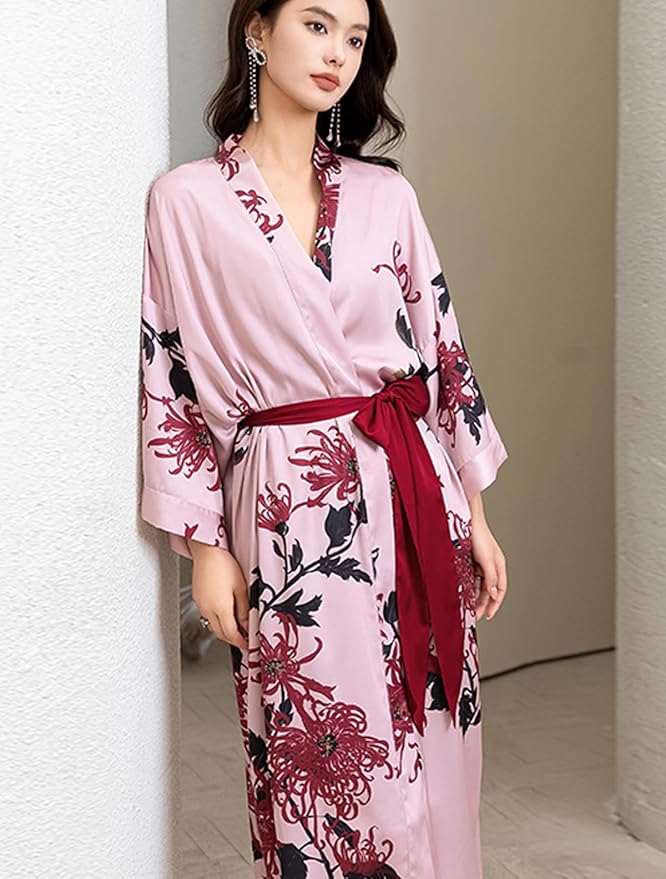 Silk Satin Robe for Women Long Japanese Kimono Robe Lightweight Soft Bathrobe Floral Luxury Dressing Gown