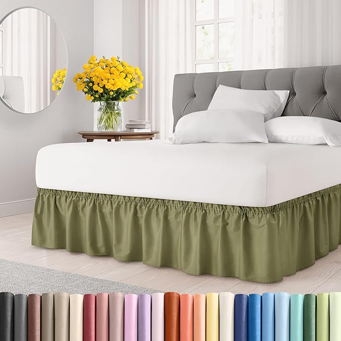 Wrap Around Dust Ruffle Bed Skirt - Sage Green - for Full Size Beds w/ 16 Inch Drop - Easy Fit Elastic Strap - Adjustable Pleated Bedskirt with Brushed Fabric, Wrinkle Free Women, Men, Kids and Teens