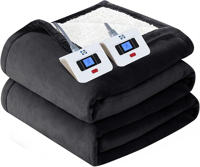 SEALY Electric Blanket Queen Size, Flannel & Sherpa Heated Blanket with 10 Heating Levels & 1-12 Hours Auto Shut Off, Machine Washable, Grey, 84 x 90 Inch