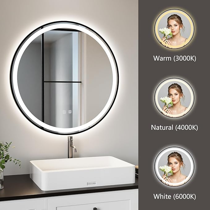 APRILSOUL 32 Inch Round Aluminum Framed LED Bathroom Mirror with Lights, Makeup Mirror with Front and Backlit, Anti-Fog, 3 Colors and Dimmable Light