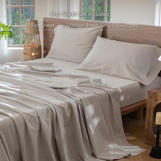 MooMee Bedding Sheet Set 100% Washed Cotton Linen Like Textured Breathable Durable Soft Comfy (Solid Light Tan, Queen)