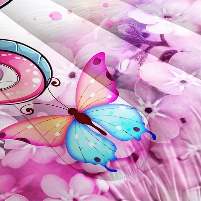 Cartoon Axolotl Comforter Kids Bedding Set,Axolotl Flower Butterfly Bedding Full Size for Boys Girls Room Kawaii Decor,Pink Toddler Comforter Sets with 2 Pillowcases.