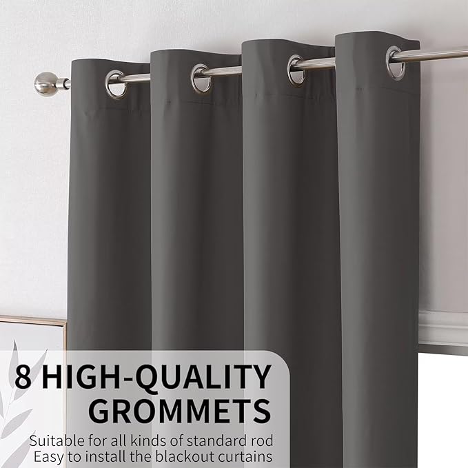 Joydeco Dark Grey Blackout Curtains 63 Inch Length for Bedroom, Grommet Thermal Insulated Curtains 63 Inch Length for Livingroom, Solid Polyester Room Darkening Drapes 63 Inches Long