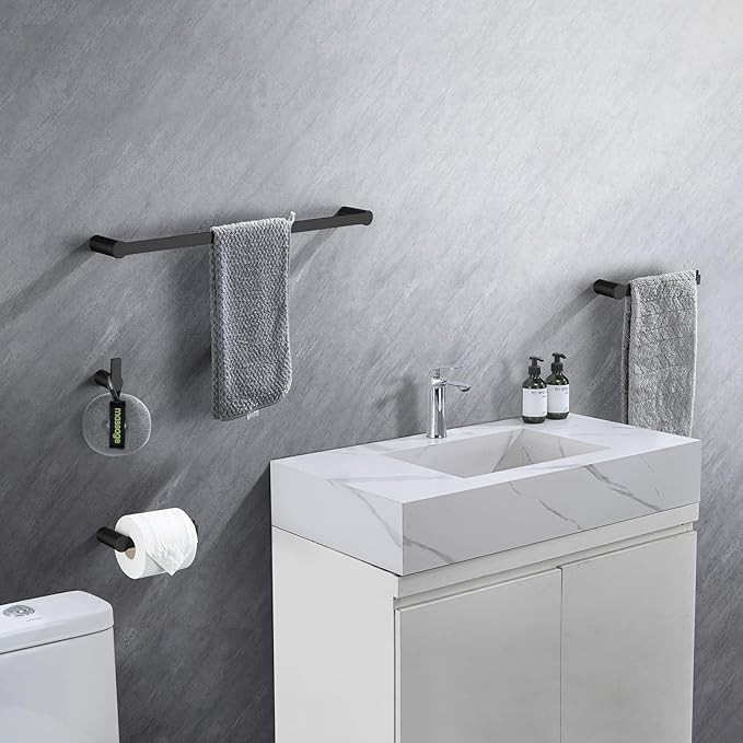 4-Pieces Bathroom Accessories Set, Matte Black Towel Bar Set Modern Stainless Steel Towel Rack Towel Hooks Toilet Paper Holder for Bathroom Wall Mounted, 16 Inch