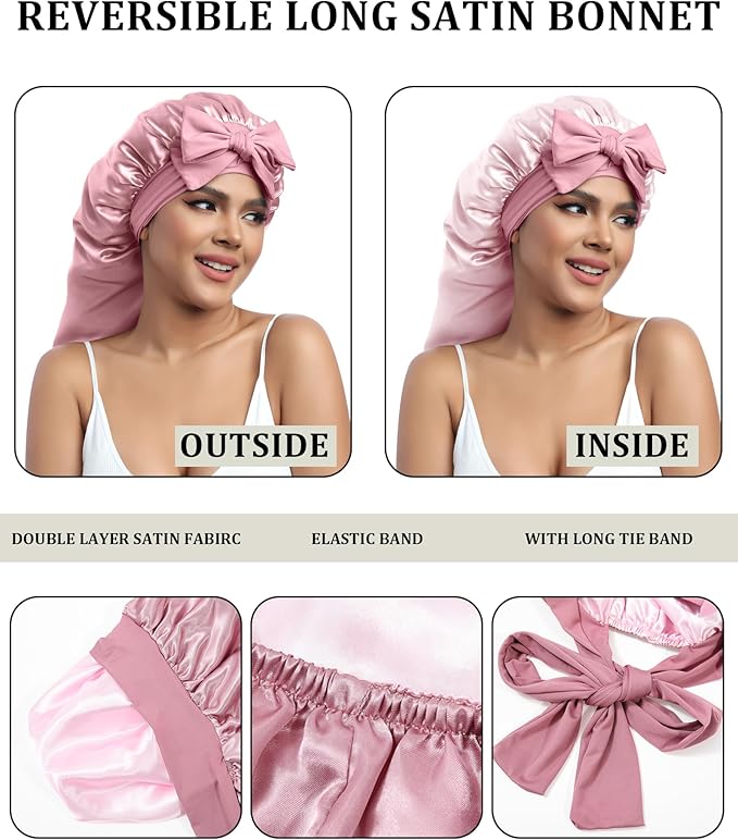 AWAYTR Long Satin Bonnet for Sleeping - Double Layer Reversible Silk Bonnet for Long Hair Women Sleeping Cap with Tie Band