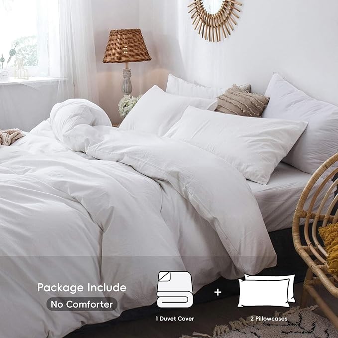 MooMee Bedding Duvet Cover Set 100% Washed Cotton Linen Like Textured Breathable Durable Soft Comfy (Solid Off White, Cal King 104"x98")