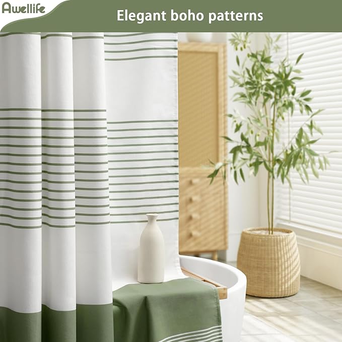 Awellife Sage Green Shower Curtain for Bathroom Stripe Tassel Shower Curtain 72 X 96 Inches Farmhouse Cotton Extra Long