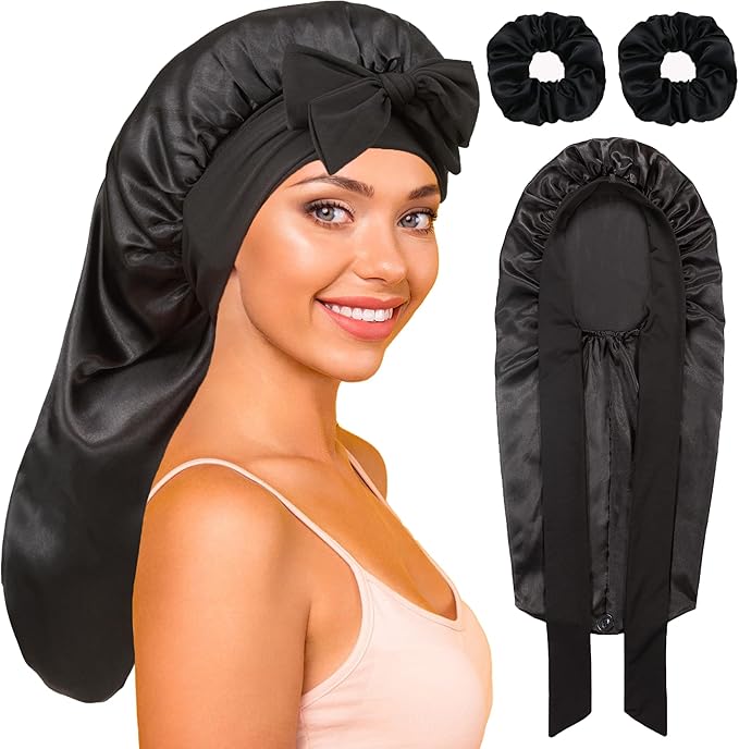 Long Satin Bonnet with Tie Band for Sleeping Women - Silk Sleep Bonnet for Curly Hair and Braids