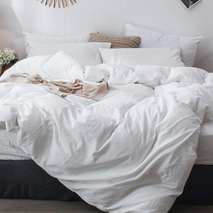 MooMee Bedding Duvet Cover Set 100% Washed Cotton Linen Like Textured Breathable Durable Soft Comfy (Solid Off White, Alaska King 132"x120")