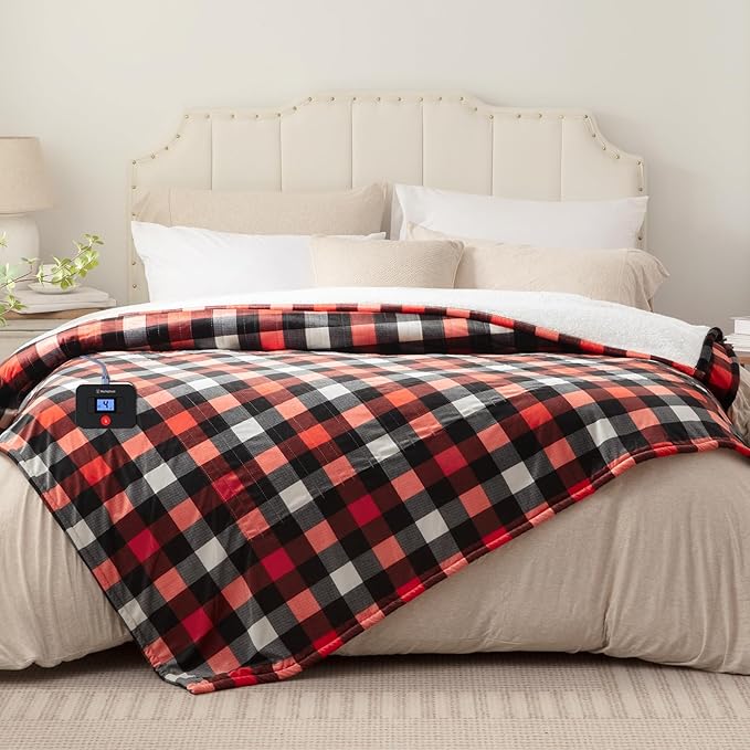 Westinghouse Full Size Heated Blanket Electric Blanket, Flannel & Sherpa Heating Blanket with10 Heating Levels & 1 to 12 Hours Heating Time Settings, Fast Heating Blanket Red Plaid, 72x84 Inches