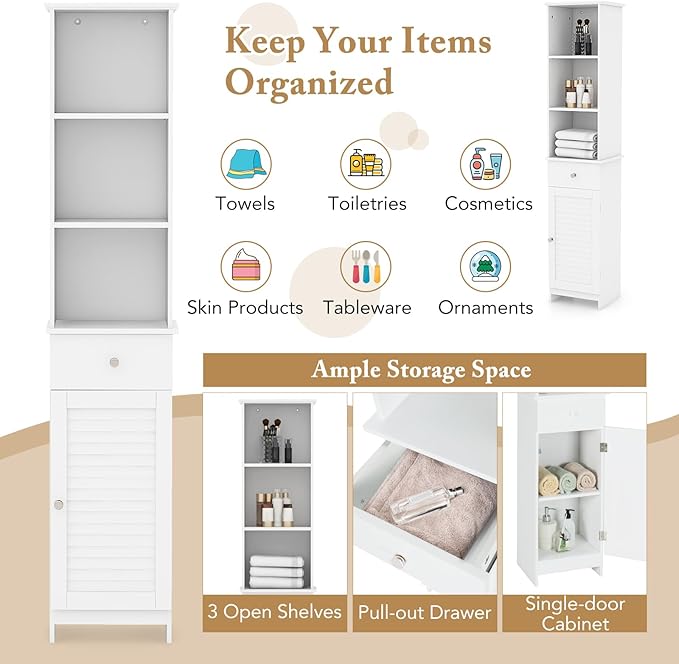 Giantex 64.5” Tall Bathroom Cabinet, Narrow Floor Storage Cabinet with Adjustable Shelves, 1 Door & 1 Drawer, Anti-Toppling Design, Modern Storage Organizer for Bathroom, Living Room, Hallway