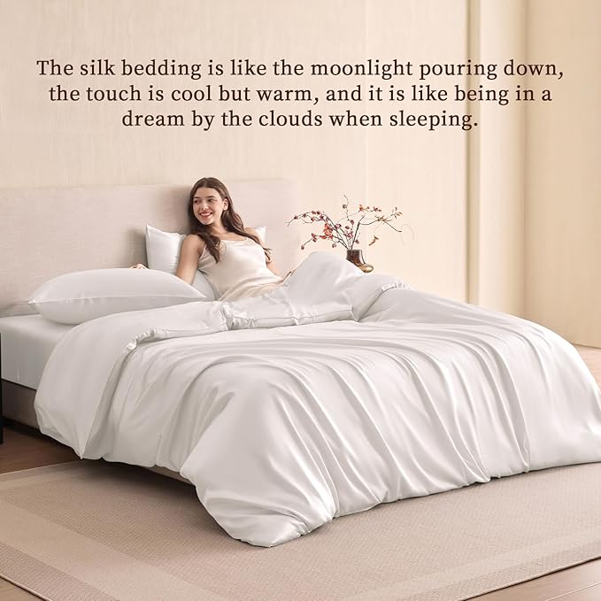 THXSILK 100% Pure Mulberry Silk Duvet Cover Set 3 Piece, 6A+ Grade Luxury Soft Bedding Silk Sheets for Hair and Skin, 1 Pcs Comforter Cover with 2 Zippered Pillowcases (Cream White, Cal. King)