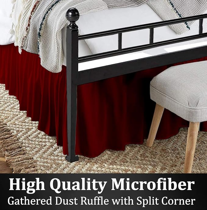 Ruffled Bed Skirt with Split Corners, Burgundy, Queen 18 Inch Drop Bedskirt, Hotel Quality Brushed Microfiber Wrinkle Free Dust Ruffle Bed Skirt Queen Size