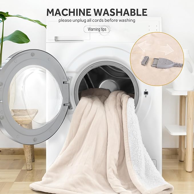 Heated Blanket Electric Throw Soft Flannel Sherpa, 6 Heat Levels Fast Heating, 2 to 10 Hours Auto-Off Detachable Controller Machine Washable, Beige 50"x60"