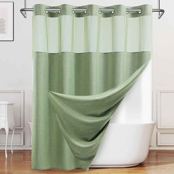 Long No Hook Shower Curtain with Snap in Liner, Polyester Textured Shower Curtain with Liner Set, Waterproof Washable Hotel Style Shower Curtains for Bathroom, 71Wx80H, Sage Green