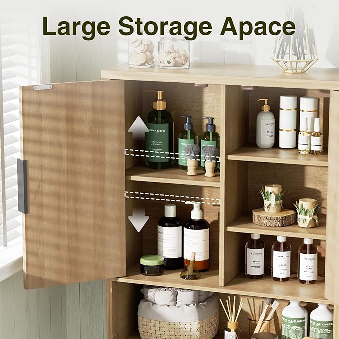 Over The Toilet Storage Cabinet with Fluted Doors and Adjustable Shelf, Tall Bathroom Organizer with Metal Stand Space Saver Over Toilet , Wood Rack for Bathroom, Restroom, Laundry, Natural Oak