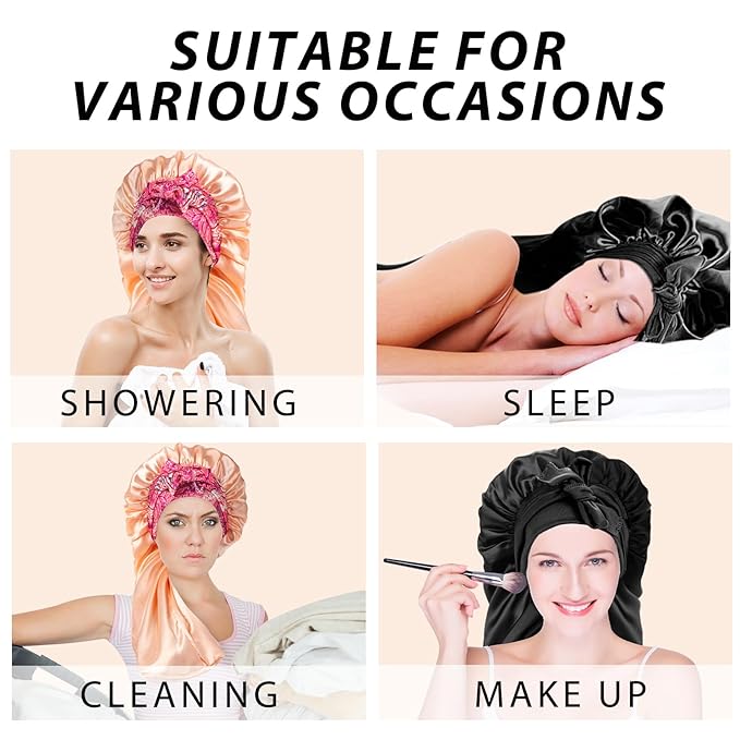 2Pcs Bonnets for Women Sleeping Braid Bonnet, Large Long Satin Silk Bonnet for Braids,Black Women Braid Bonnet with Stretchy Tie Band for Sleeping Extra Long (Black & Golden Pattern)